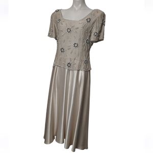 Vintage Stenay Beaded Silk Top Satin Skirt Formal Dress Beige Gold Champagne